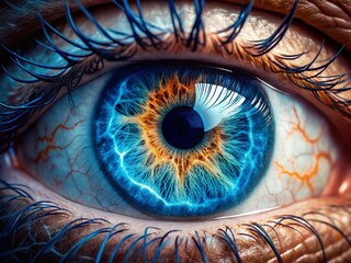 Mystical Gaze: Intricate detail of a vivid blue and orange eye, capturing the essence of depth, mystery, and introspection.