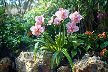 Pink Orchids in Vibrant Garden with Lush Greenery and Textured Rocks