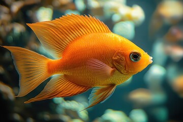 Obraz premium Vibrant Orange Fish Swimming in Aquarium with Ornate Decorations