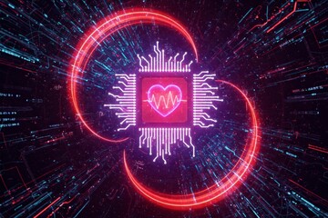 Glowing pink heart symbol with a pulse line inside a stylized processor chip, surrounded by swirling red neon light trails on a dark background. Digital heart health.