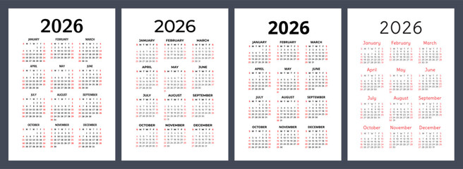2026 year calendar set. Color vector pocket calender design. Week starts on Sunday. January, February, March, April, May, June, July, August, September, October, November, December
