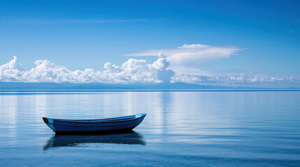 A serene boat floats on calm waters under a blue sky with fluffy clouds.