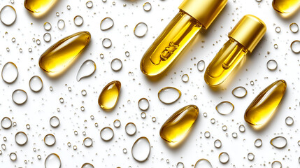 capsule, oils or serum droplets, and water drops. A captivating scene of golden oils and transparent capsules. They are arranged on a surface covered with water droplets.