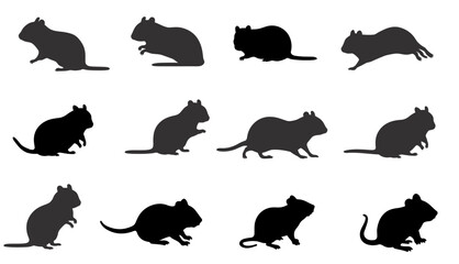 Set of black silhouettes of mice illustration. vector