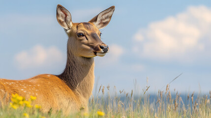 A serene deer resting in a grassy field under a blue sky with fluffy clouds.
