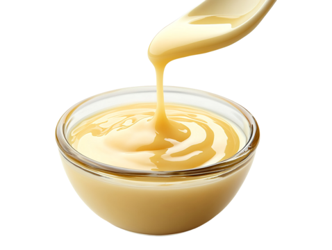 Condensed milk in a glass bowl isolated on transparent background