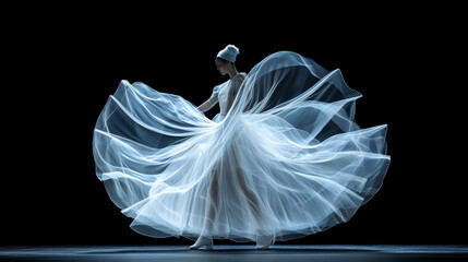 graceful dancer in flowing, translucent dress creates mesmerizing silhouette against dark background, showcasing elegance and movement