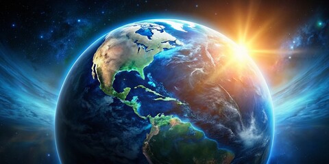 Obraz premium Earth's Horizon: An awe-inspiring view of planet Earth from space, illuminated by a radiant sunrise, depicting the beauty and majesty of our planet.