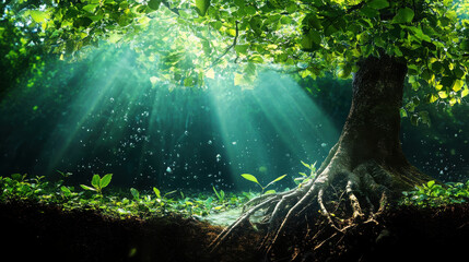 A serene forest scene with sunlight filtering through leaves, highlighting roots and greenery.