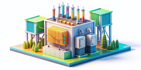 Obraz premium Isometric Substation: Capturing a colorful and intricate illustration of a substation, showcasing an isometric design, with attention to detail.