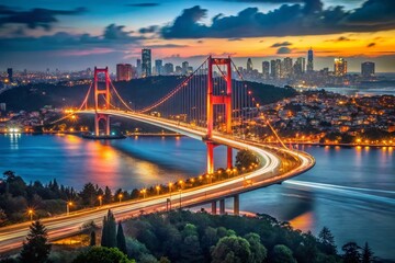 Fototapeta premium Golden Bridge at Twilight: A majestic suspension bridge gracefully arches over the tranquil waters, with the city skyline shimmering in the distance, during a beautiful twilight.
