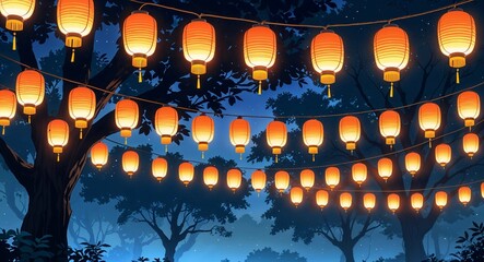 Rows of illuminated lanterns hanging from trees at night anime cartoon style illustration artwork design background