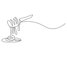 Continuous one line drawing of honey drips. Single line drawing illustration of fresh honey drips from a spoon. Honey concept vector art. Doodle line illustration.