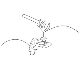 Continuous one line drawing of honey drips. Single line drawing illustration of fresh honey drips from a spoon. Honey concept vector art. Doodle line illustration.