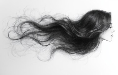 Abstract Woman Face Flowing Hair Fashion Illustration Pencil Sketch Watercolor Painting Minimalist Style