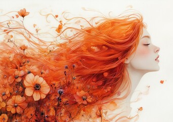 Beautiful Woman with Flowing Hair and Flowers in Watercolor Fashion Illustration