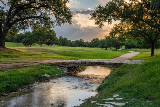 Leander TX. A Serene Golf Course Cart Path Crossing a Babbling Stream at Dusk