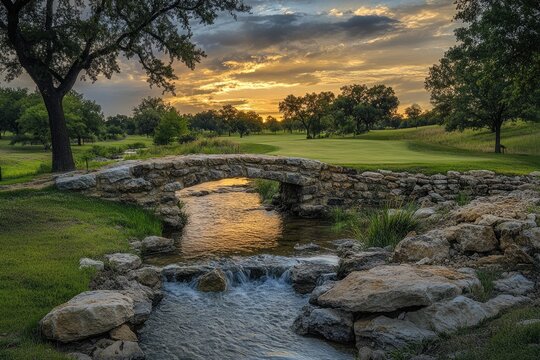 Leander TX. Scenic Sunset View of Golf Cart Crossing Stream in Nature Park