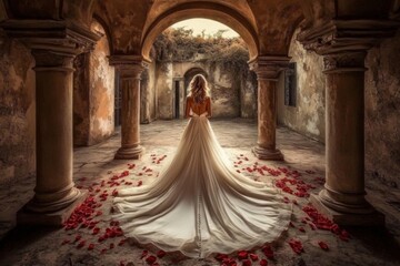 Elegant bride in wedding gown walking on rose petal path in historic castle corridor - captivating image