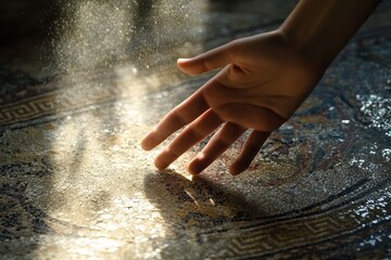 Hand touches shimmering dust or glitter on a textured surface