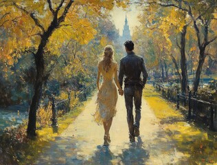 Romantic Couple Walking in Park Impressionist Painting with Soft Pastels and Subtle Brush Strokes