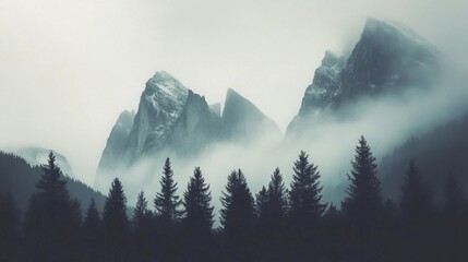 Misty fog coniferous forest with copy space in minimalism style for background 