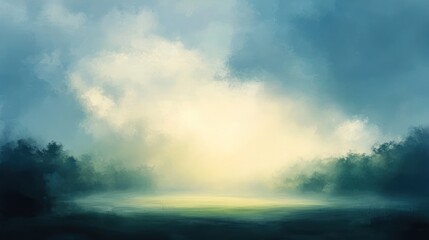 Fototapeta premium Misty forest, sunlit clearing, landscape painting, artistic, digital art, nature, ethereal, peaceful