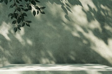 Light Reflections. Abstract Composition with Shadows on Empty Table and Khaki Green Background