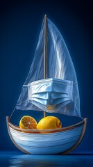 Sailboat with mask and citrus fruit on a dark background
