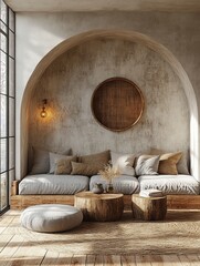 Minimalist Interior Design Cozy Alcove Soft Gray Sofa Wooden Coffee Tables Warm Lighting Scandinavian Style