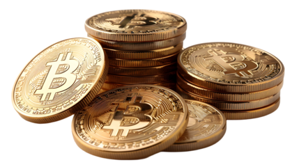 A close up shot of stacks of gold bitcoin coins on a black background
