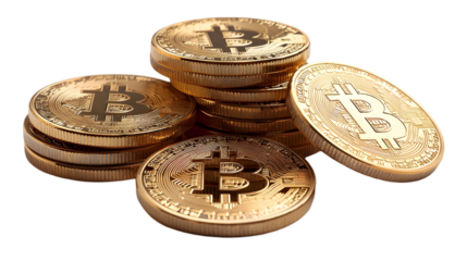 A close up shot of stacked golden bitcoin coins on a black background
