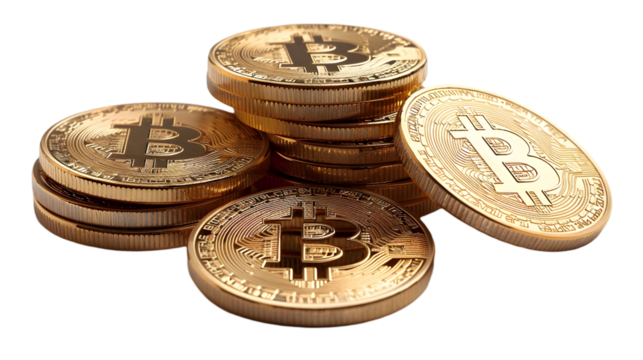 A close up shot of stacked golden bitcoin coins on a black background