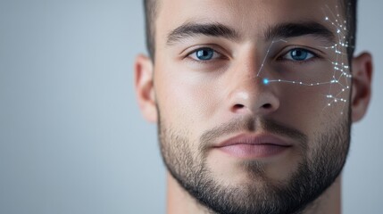 Obraz premium Portrait of Male with Futuristic Facial Technology and Data Points