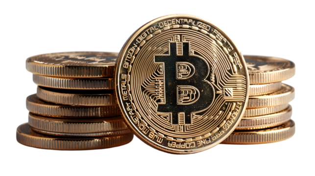 Stack of bitcoins with a large bitcoin coin in the foreground view