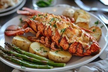 Lobster Thermidor Dinner: Canadian Delicacy with Asparagus and Potato