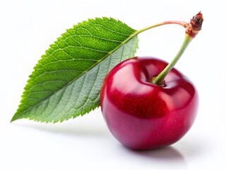 Succulent Cherry's Delight: One ripe, luscious cherry, complete with vibrant green leaf, isolated to capture the eye's attention. A symbol of freshness and natural sweetness.