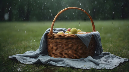 Picnic basket under heavy rain &ndash; concept of ruined summer picnic, unexpected bad weather, outdoor leisure disrupted by stormy rainy conditions