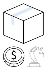 Cardboard box, dollar coin, robotic arm lifting item highlight logistics, automation, and commerce. Ideal for e-commerce, manufacturing, supply chain, warehousing finance industry abstract line