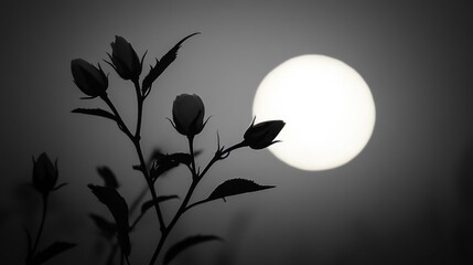 Silhouetted flowers under a full moon. Nighttime landscape. Possible use Stock photo for nature, tranquility, or moon themes