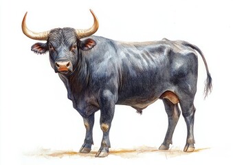 Watercolor Illustration of a Majestic Bull Isolated on White Background