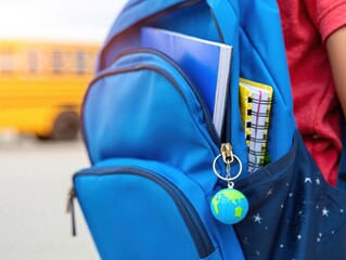 School backpack with books and bus in background