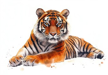 Obraz premium Majestic Tiger Watercolor Illustration Resting on White Background