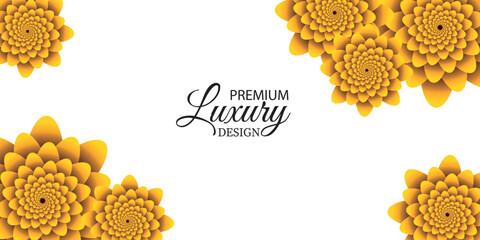 A sophisticated white background adorned with golden-yellow layered flowers in all corners. The central text emphasizes premium and luxury aesthetics, great for upscale branding or events.