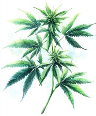 Watercolor Cannabis Plant Illustration with Detailed Foliage and Botanical Elements on White Background