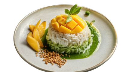 Aromatic jasmine rice topped with sweet mango slices and garnished with a fresh vibrant green sauce creating a colorful and appetizing culinary masterpiece
