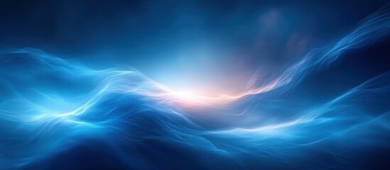 Abstract ethereal landscape, glowing blue waves, sunrise