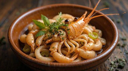 Brown earthenware bowl with fresh scampi