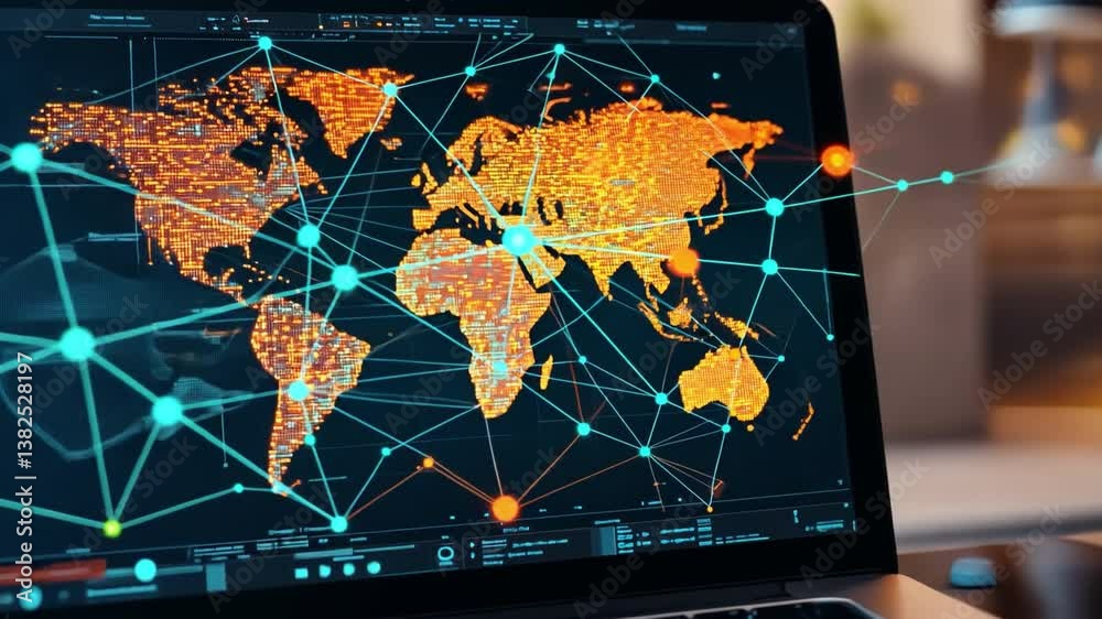Poster digital connectivity: a detailed view of a laptop screen displaying a vivid map of the world, intric