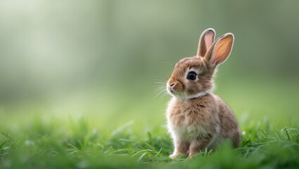 Fototapeta premium Lovely furry baby rabbit resting on green grass against a natural background. Playful infant mammal on a fresh meadow. Newborn animal concept.